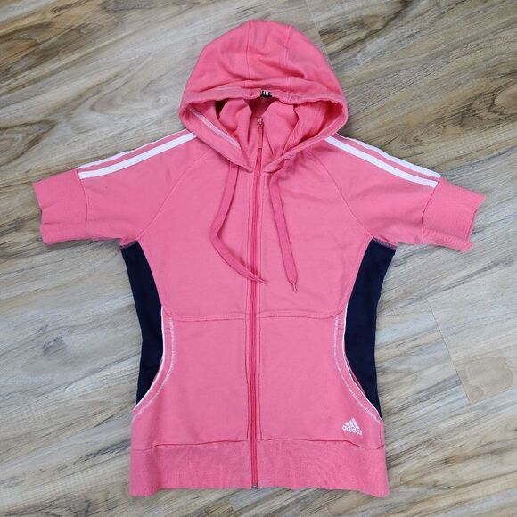 🩵Adidas Vintage Coral Zippered Hoodie Short Sleeve Jacket Small - Picture 1 of 12